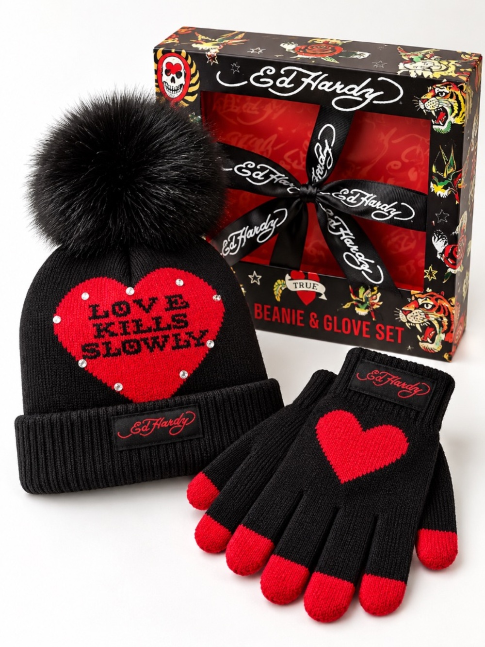 NWT 2pc Ed Hardy Beanie & Gloves Gift Set Pom Pom Hat Rhinestone Heart Black Red